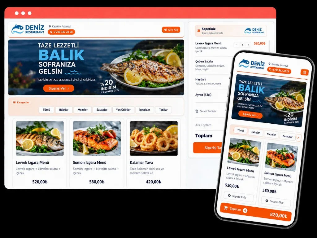 Branded fish restaurant ordering page — phone and desktop