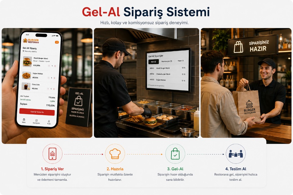 Pickup ordering system: online order, kitchen prep, and collection
