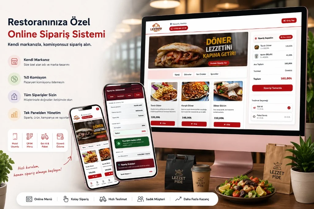 Commission-free online food ordering system — desktop and mobile view