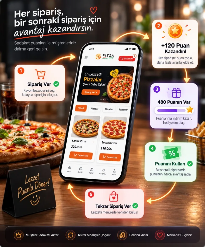 Loyalty points loop: order, earn points, accumulate, redeem, order again