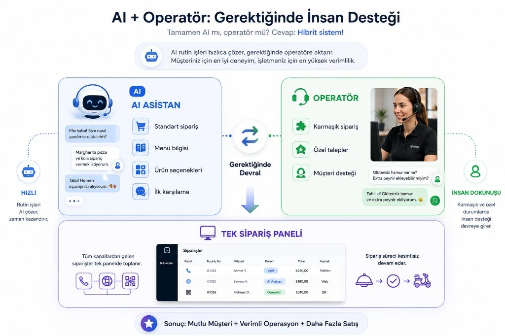 Hybrid AI assistant and operator order flow with handoff and a single order panel