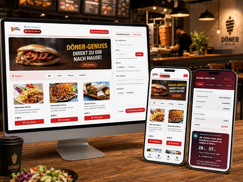 Döner Berlin markalı Almanca online sipariş sitesi: masaüstü menü, mobil sipariş ve canlı teslimat takibi