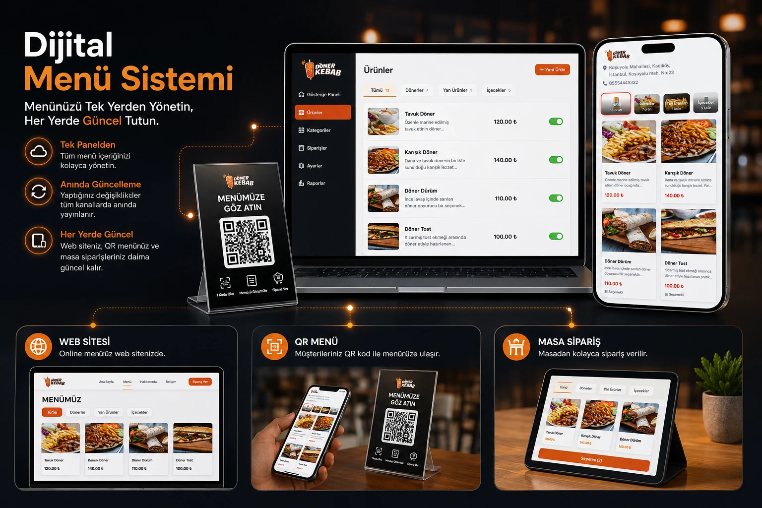 Digital menu system: central menu management panel on a laptop, connected to a QR menu stand, mobile menu, and website, QR menu, and table ordering channels