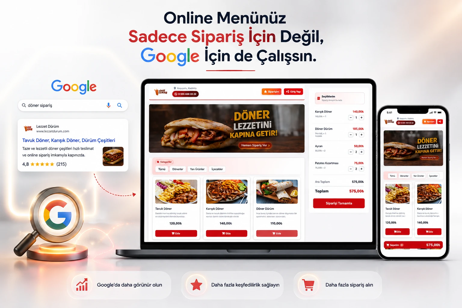 Online menu Google SEO: search result, desktop and mobile ordering screens